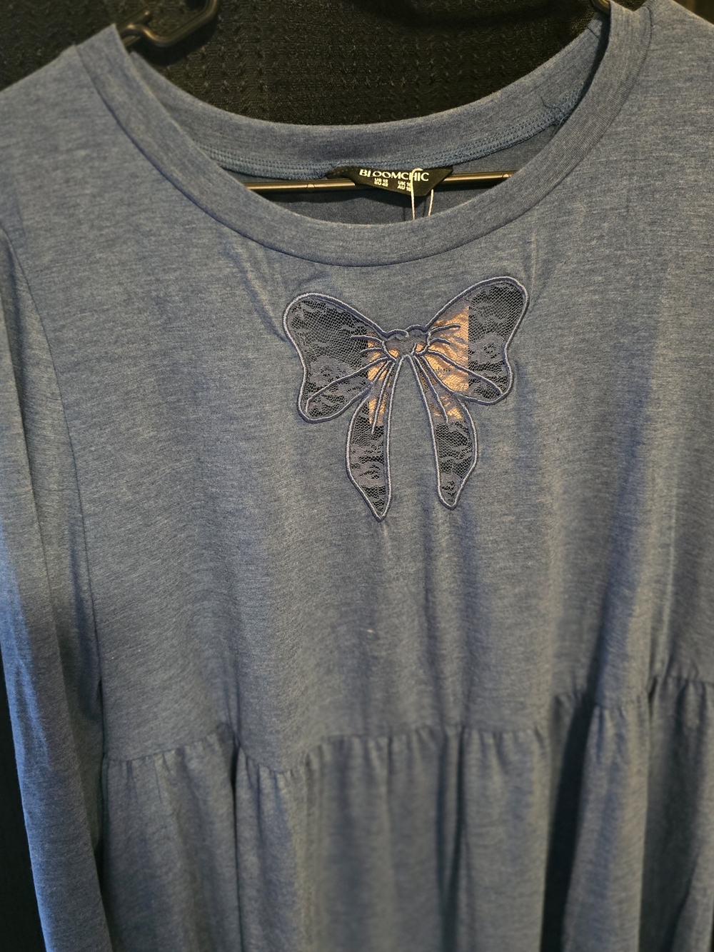 BloomChic Blue Long Sleeve Peplum Top with Bow Detail